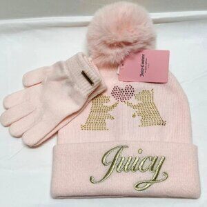 Juicy Couture Girls Hat + Glove Set Pink Pom Beanie Gold Rhinestone JC Logo NWT